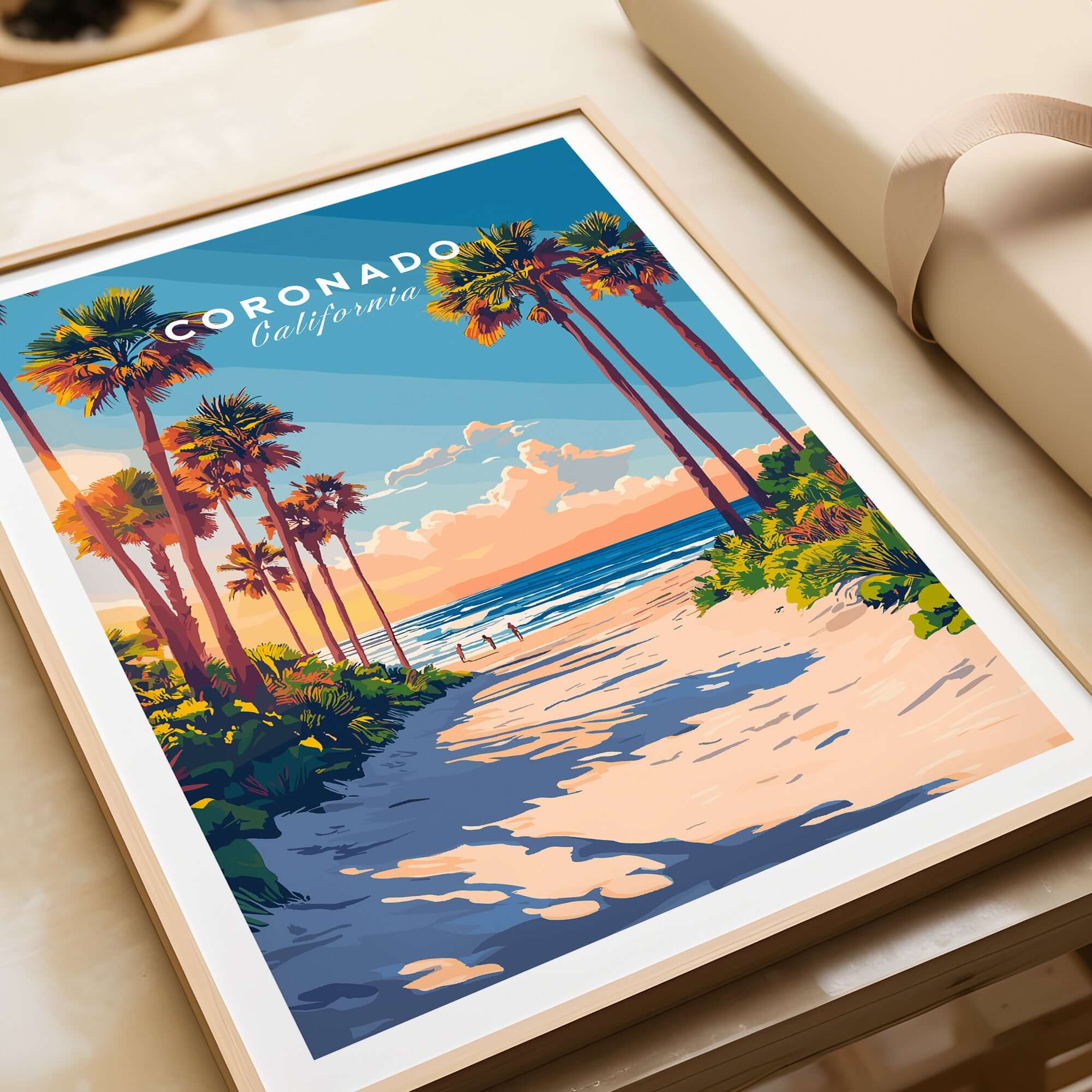 Coronado Travel Print showcasing vibrant palm trees and a beautiful beach scene in California.
