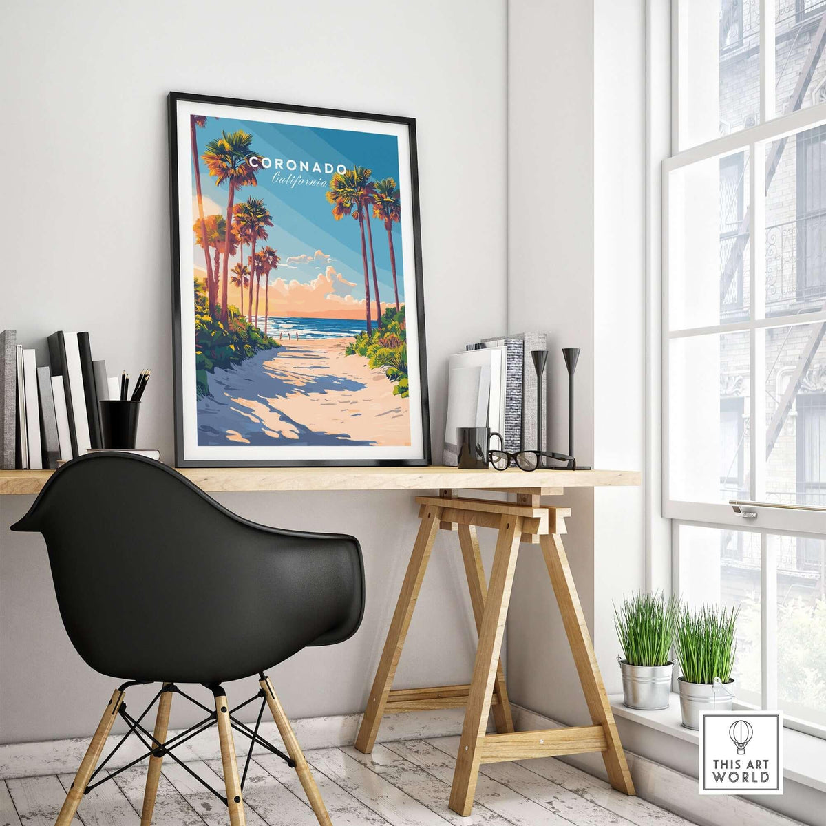 Coronado Travel Print displayed in a modern home office setting with palm trees and beach scenery.