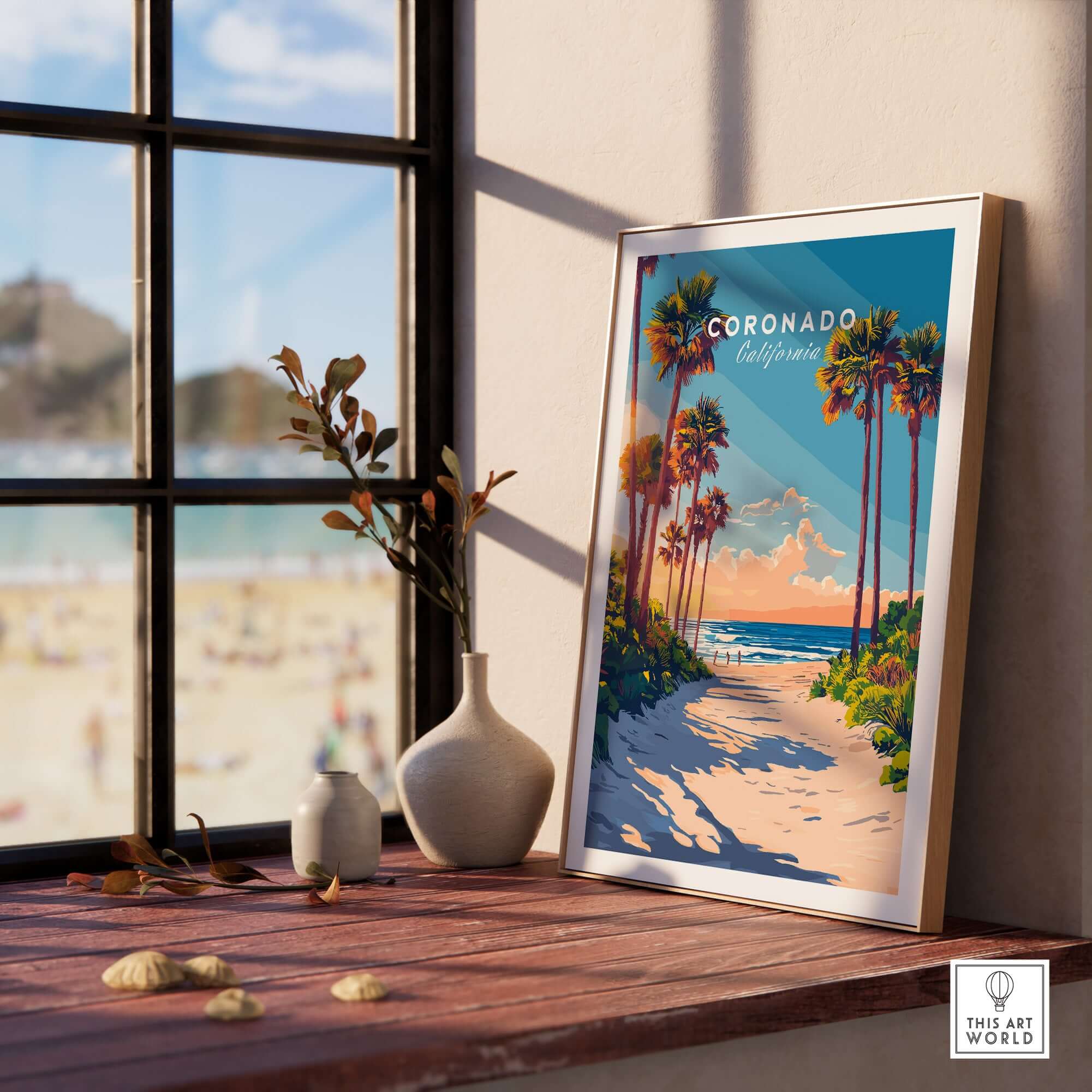 Coronado Travel Print displayed in a sunny room, highlighting palm trees and beach scenery.