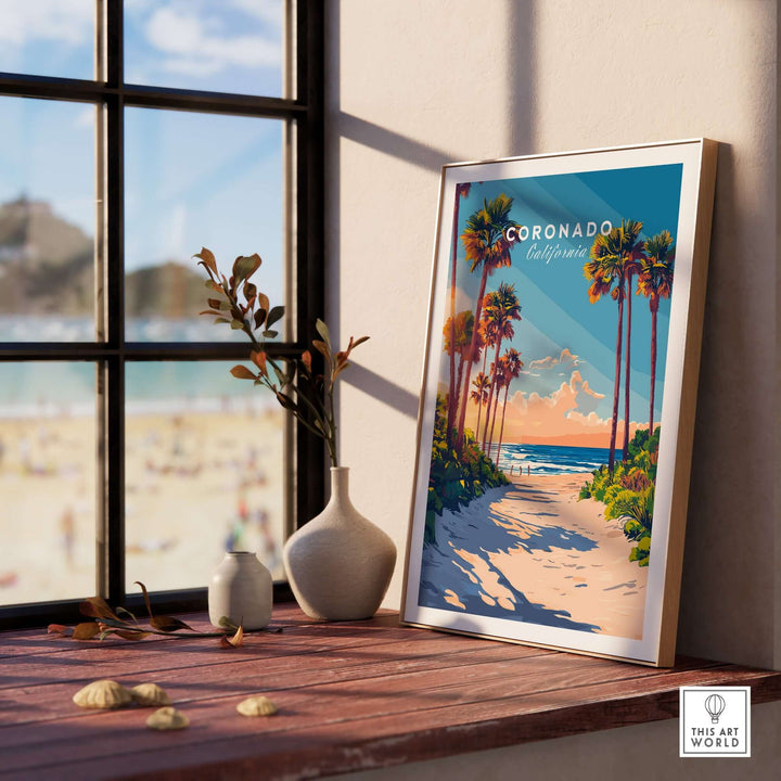 Coronado Travel Print framed on a sunlit windowsill, showcasing palm trees and a beach scene, perfect for home decor.