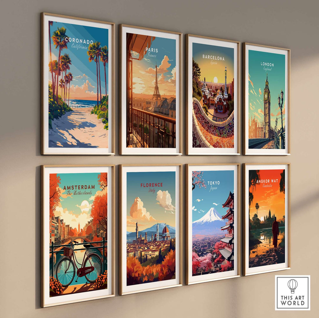 Collection of vibrant travel prints featuring iconic destinations like Coronado, Paris, Barcelona, and Tokyo. Perfect for home decor.