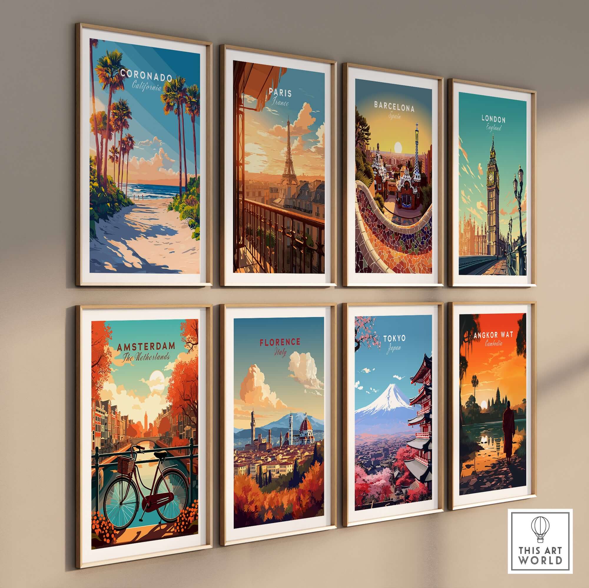 Coronado Travel Print among a collection of vibrant city posters, showcasing beautiful travel destinations.