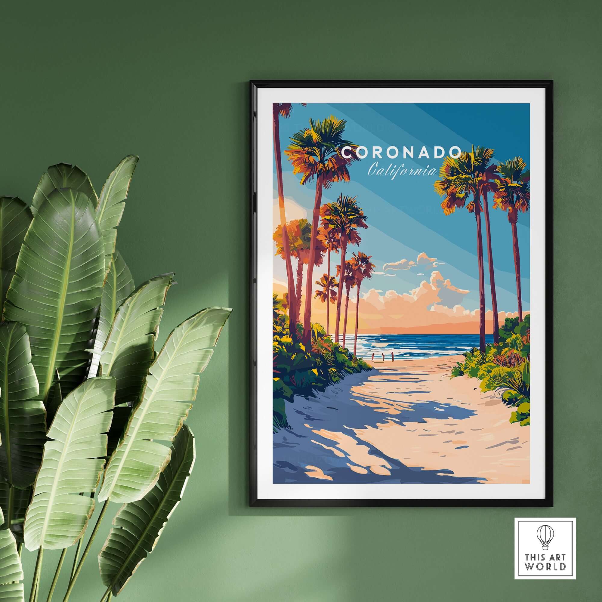 Coronado Travel Print showcasing a beach scene with palm trees and vibrant colors, perfect for home decor.