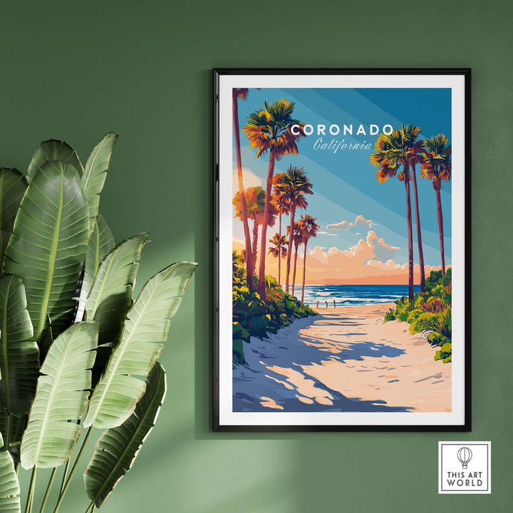 Coronado Travel Print showcasing a beach scene with palm trees, perfect for home decor and beach lovers.