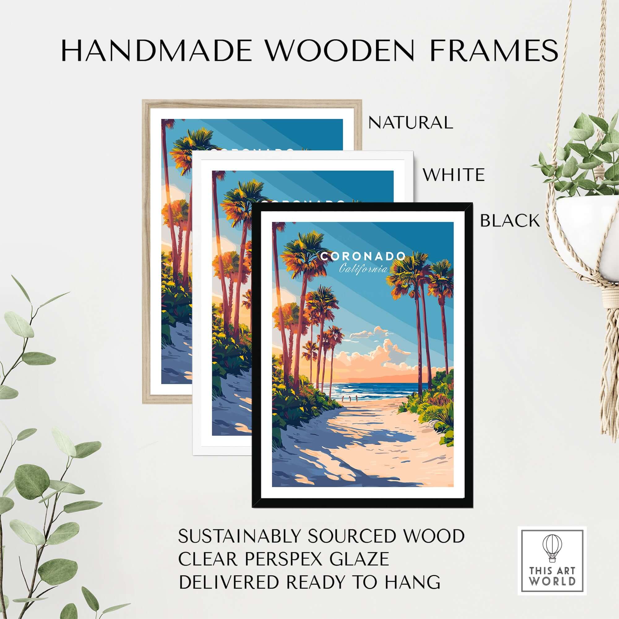 Coronado Travel Print displayed in handmade wooden frames: natural, white, and black options.