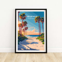 Coronado Travel Print showcasing a picturesque beach scene with palm trees and vibrant sunset colors.