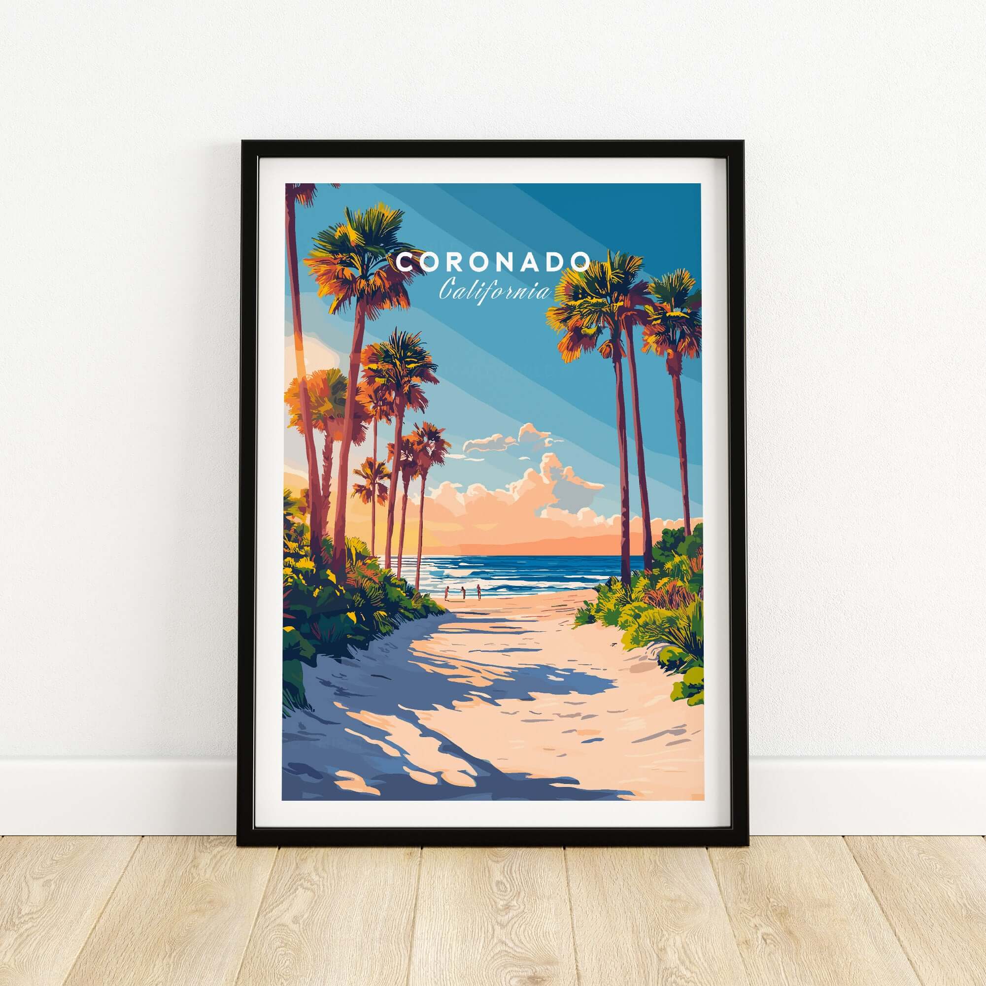 Coronado Travel Print showcasing a picturesque beach scene with palm trees and vibrant sunset colors.