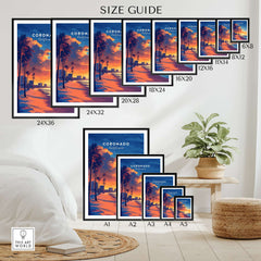 Coronado Wall Art size guide showcasing various frame dimensions and a stunning sunset design.
