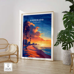Coronado Wall Art featuring a vibrant sunset and palm trees, bringing a tropical ambiance to your living space.