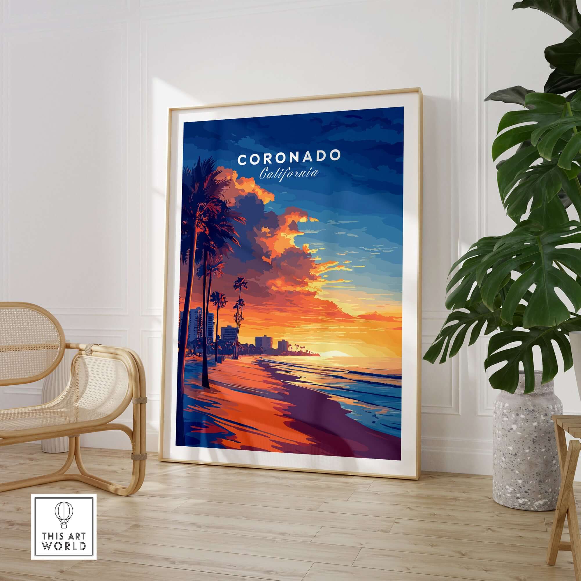 Coronado Wall Art featuring a vibrant sunset and palm trees, bringing a tropical ambiance to your living space.