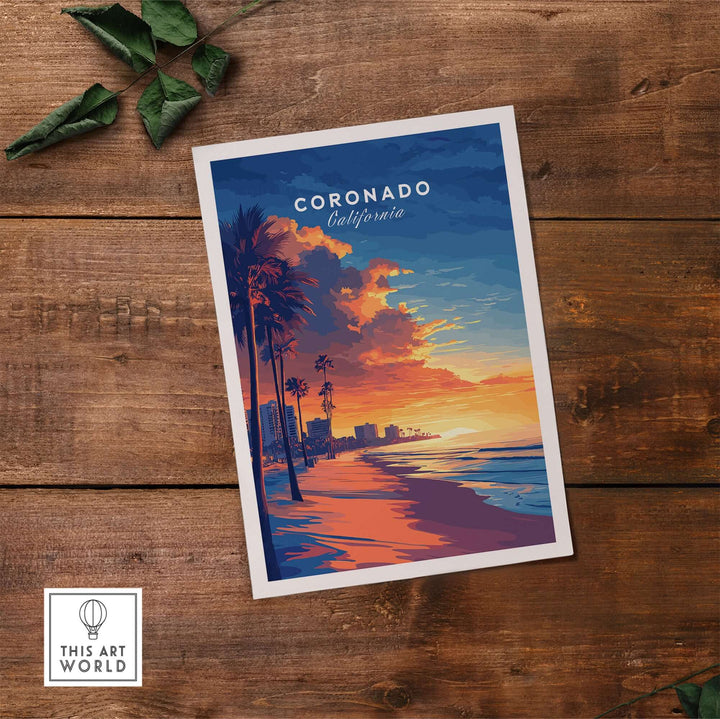 Coronado Wall Art featuring a vibrant sunset over California beach with palm trees and colorful skies.