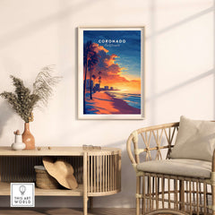 Coronado Wall Art depicting a vibrant sunset over the beach with palm trees, perfect for home decor.