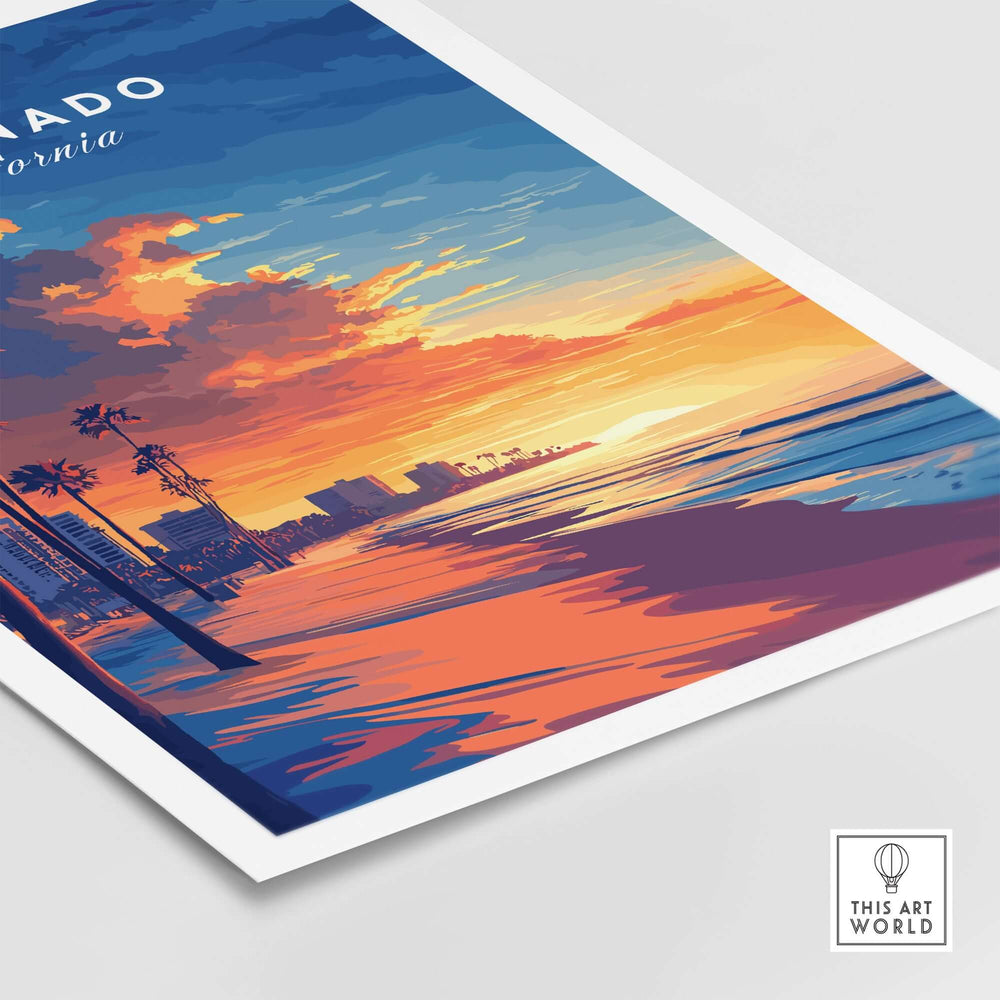 Vibrant Coronado Wall Art depicting a stunning sunset over the beach with colorful skies and palm trees.