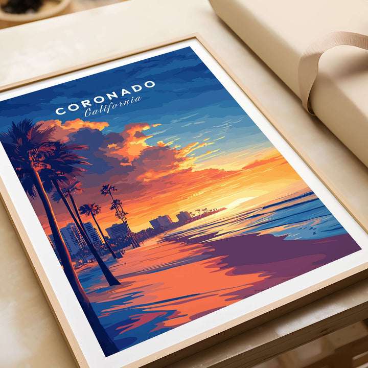 Coronado Wall Art featuring a vibrant sunset with palm trees and ocean waves, capturing the beauty of California.