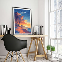 Coronado Wall Art featuring a colorful sunset and palm trees in a modern home office setting.