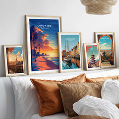 Coronado Wall Art displayed among other city artwork, showcasing vibrant colors and beautiful sunset views.