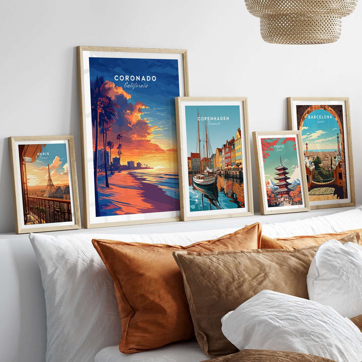 Vibrant Coronado Wall Art showcasing sunset and coastal scenery, framed and displayed in a cozy living room setting.