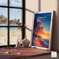 Coronado Wall Art framed on a sunny windowsill, showcasing vibrant sunset colors and Palm trees.