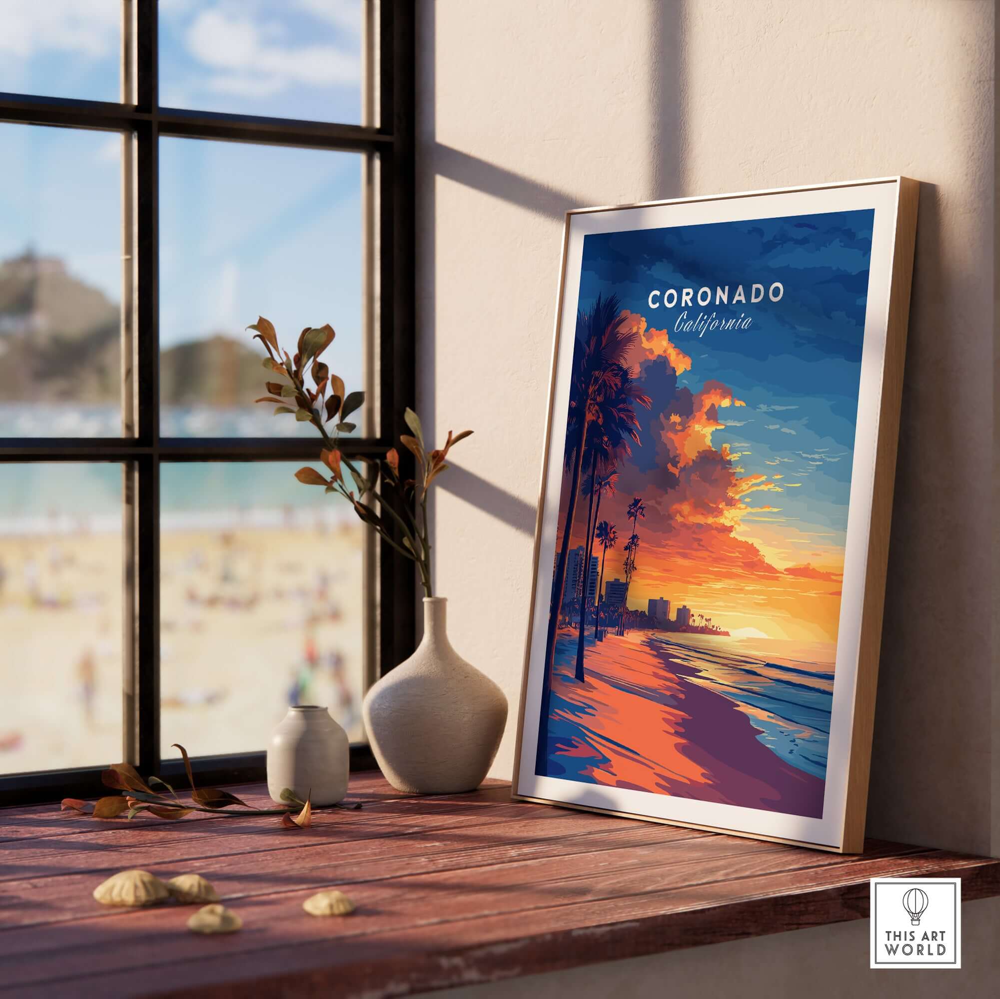 Coronado Wall Art framed on a sunny windowsill, showcasing vibrant sunset colors and Palm trees.