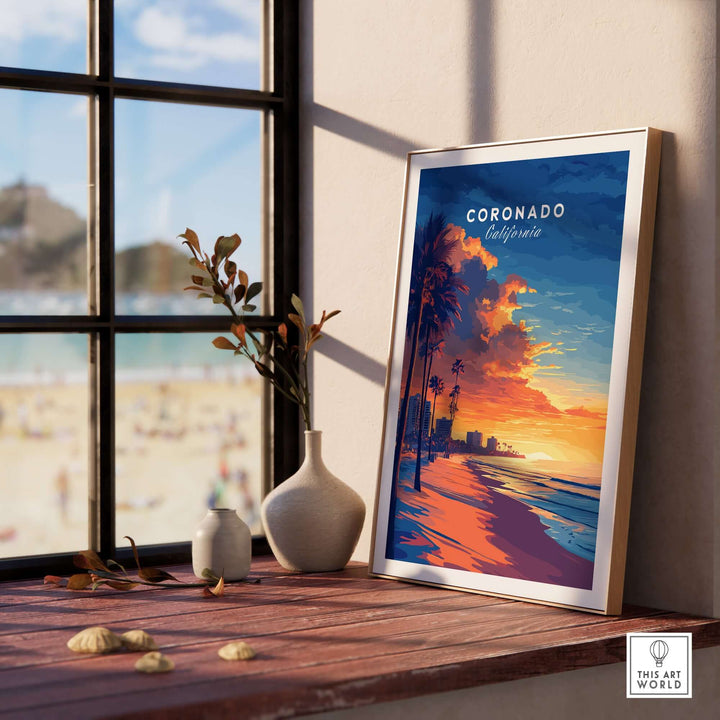 Coronado Wall Art featuring vibrant sunset colors and palm trees, enhancing beachside ambiance in a stylish interior setting.