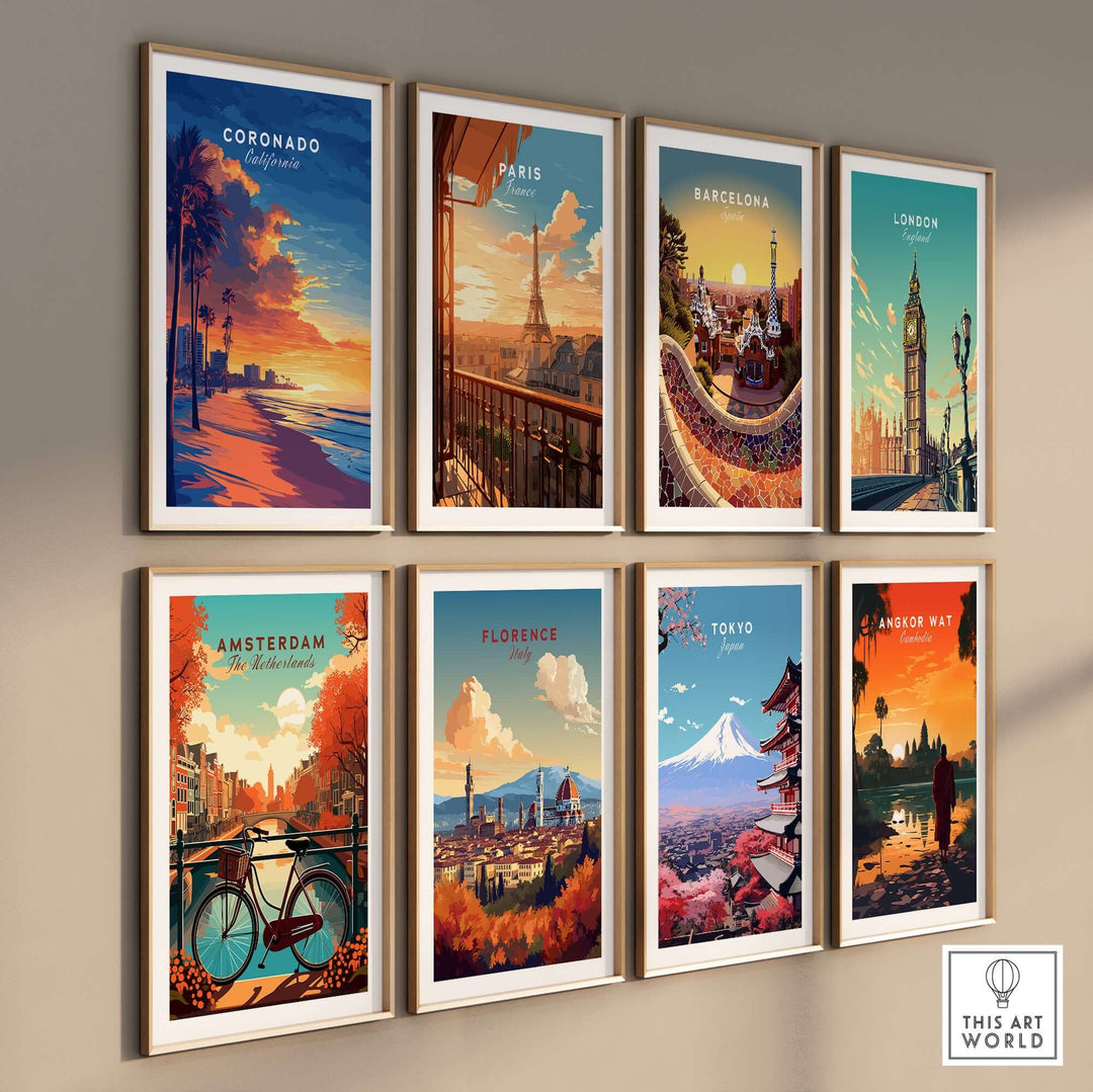 Gallery wall featuring vibrant travel-themed art prints including Coronado, Paris, Barcelona, and more.