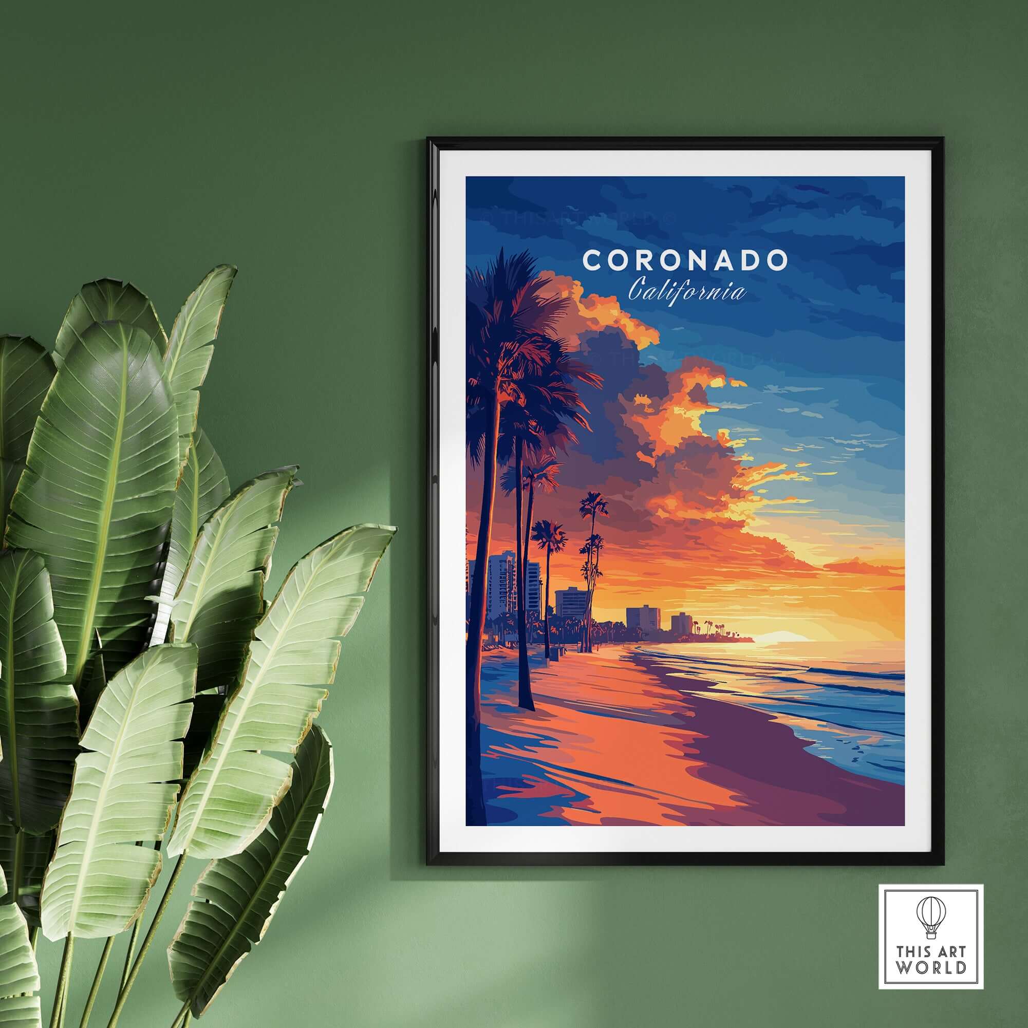 Coronado Wall Art featuring a vibrant sunset over the beach with palm trees in California.