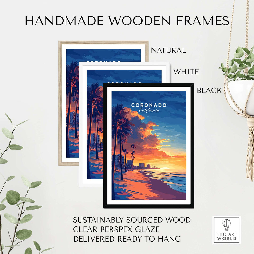 Handmade wooden frames in natural, white, and black showcasing Coronado wall art with sustainable materials.