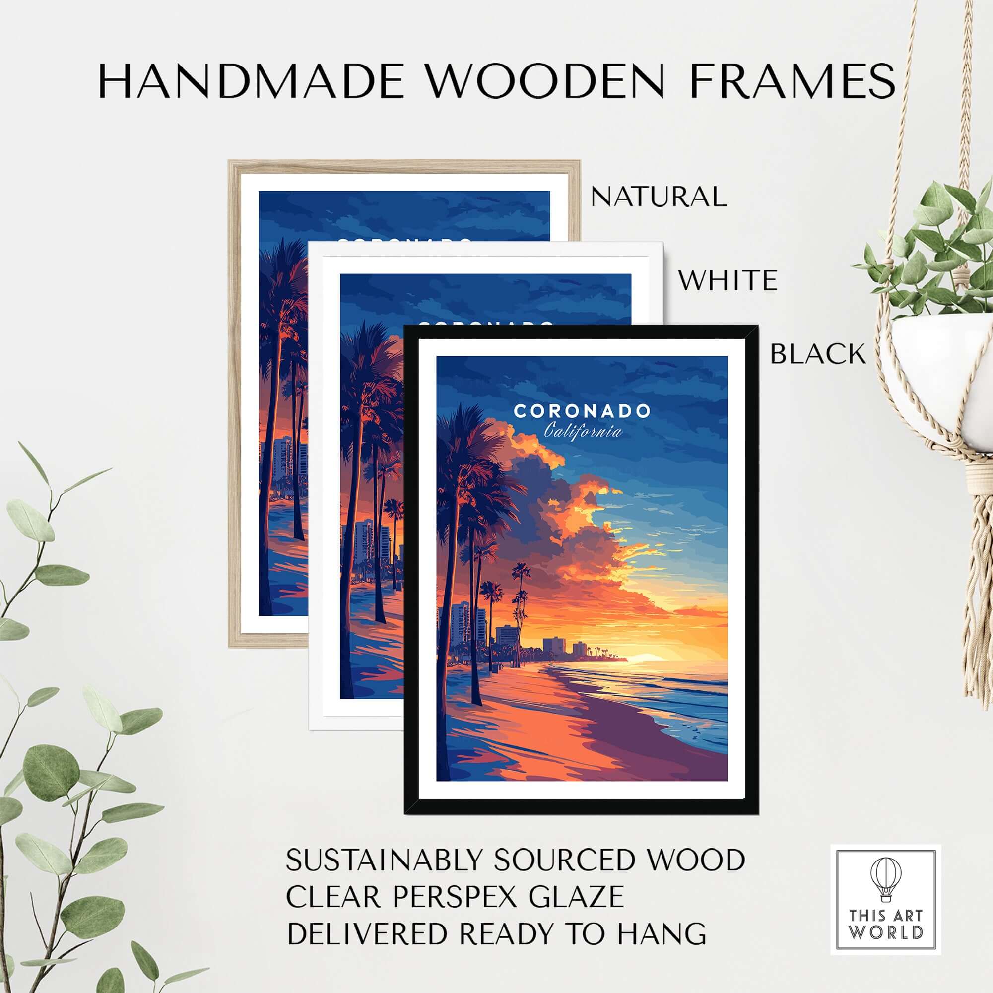 Coronado Wall Art displayed in handmade wooden frames of natural, white, and black colors, ready to hang.