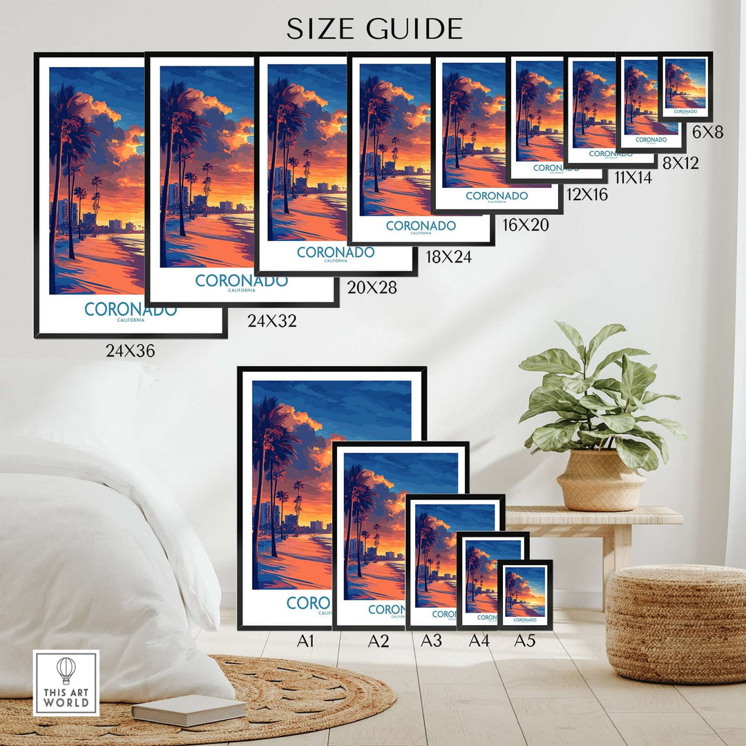 Size guide for Coronado Wall Art Print displaying various frame sizes and showcasing sunset beach scene.