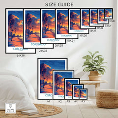 Size guide for Coronado Wall Art Print showcasing various frame sizes and the sunset design.