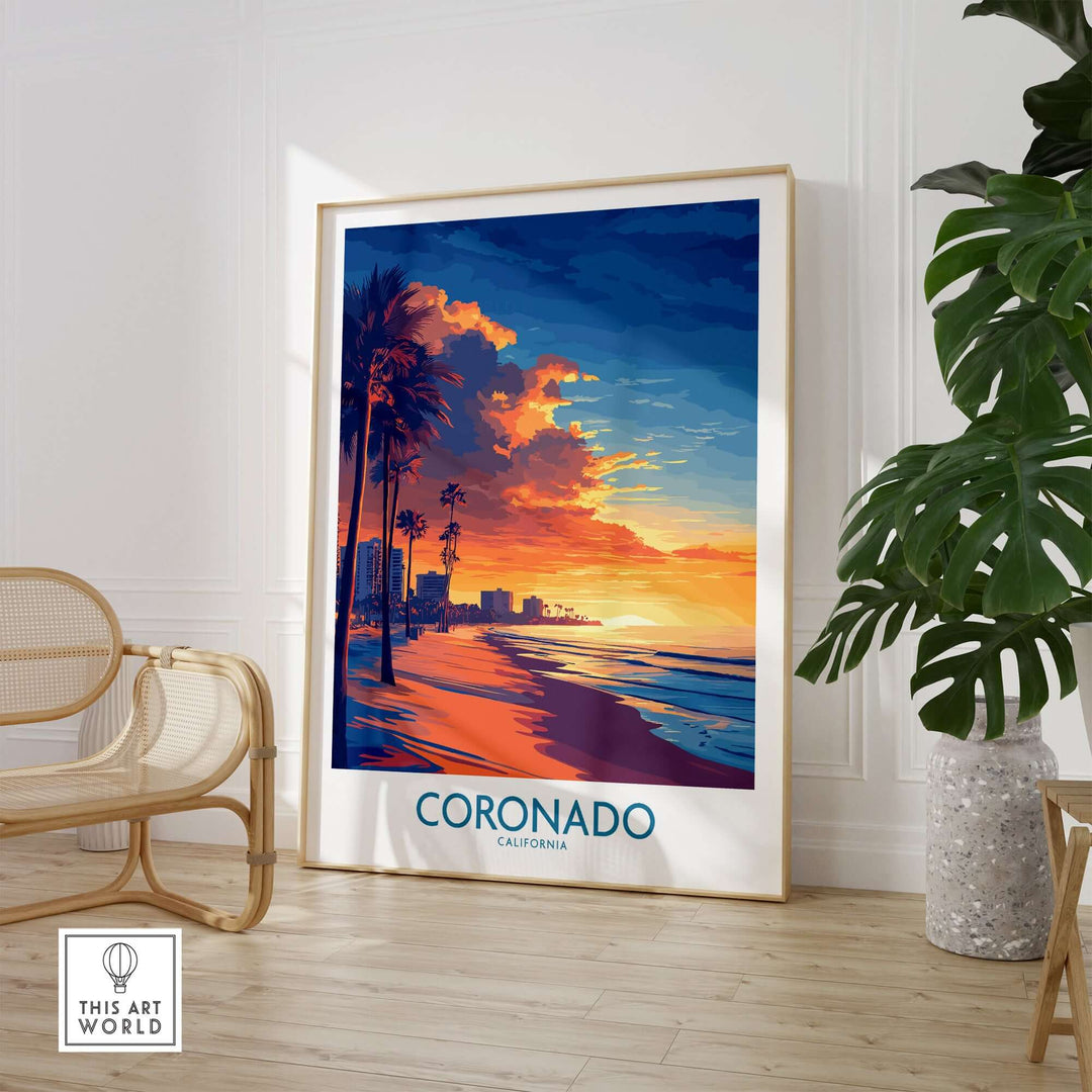 Coronado Wall Art Print showcasing a vibrant sunset over the beach, framed beautifully in a stylish living room setting.