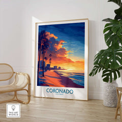 Coronado Wall Art Print showcasing a sunset over Coronado Beach with palm trees, adding tranquility to any room.