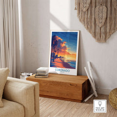 Coronado Wall Art Print featuring a beautiful sunset scene with palm trees, adding tranquility to any room.