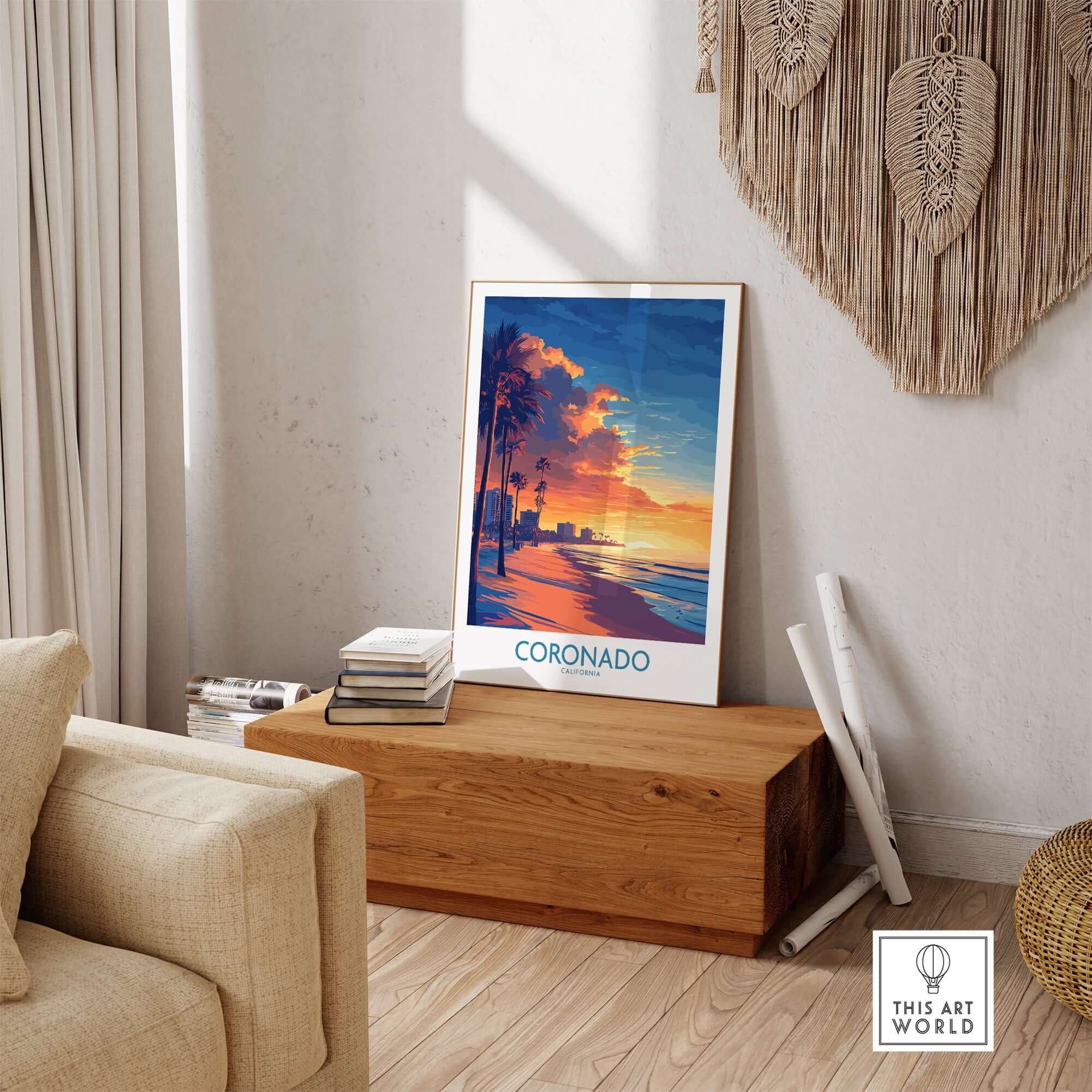 Coronado Wall Art Print featuring a beautiful sunset scene with palm trees, adding tranquility to any room.