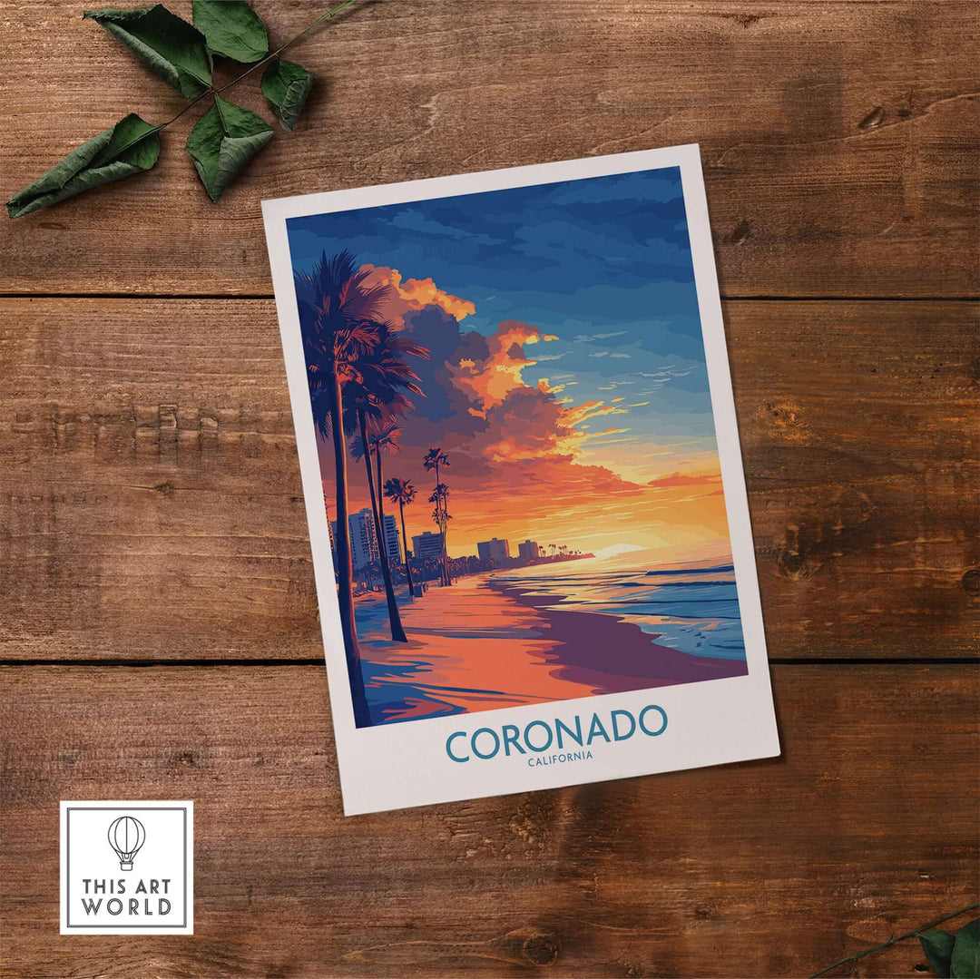 Coronado Wall Art Print featuring a colorful sunset over Coronado Beach, California with palm trees and ocean waves.