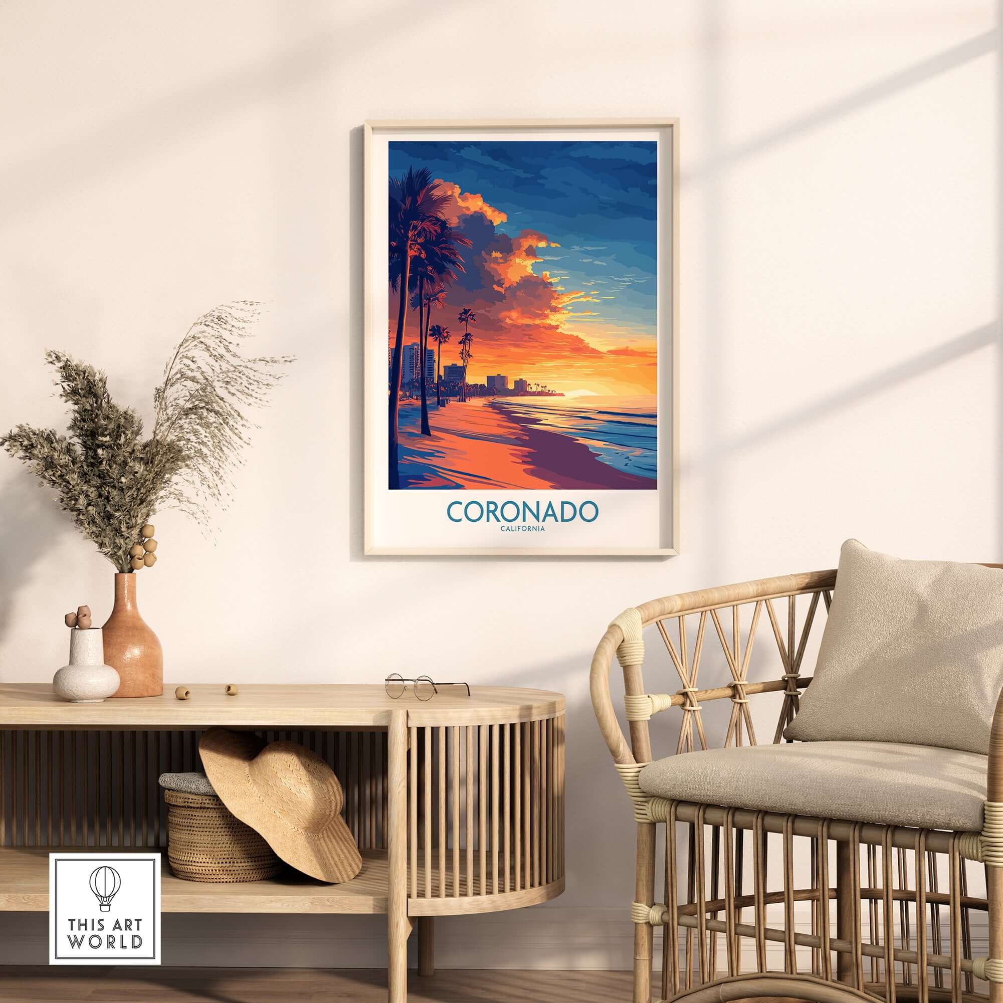 Coronado Wall Art Print showcasing a vibrant sunset over Coronado Beach with palm trees in a stylish home setting.