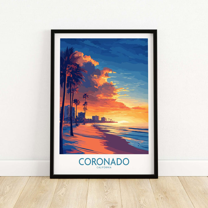 Vibrant Coronado Wall Art Print featuring a sunset over the beach with palm trees and calming coastal colors.