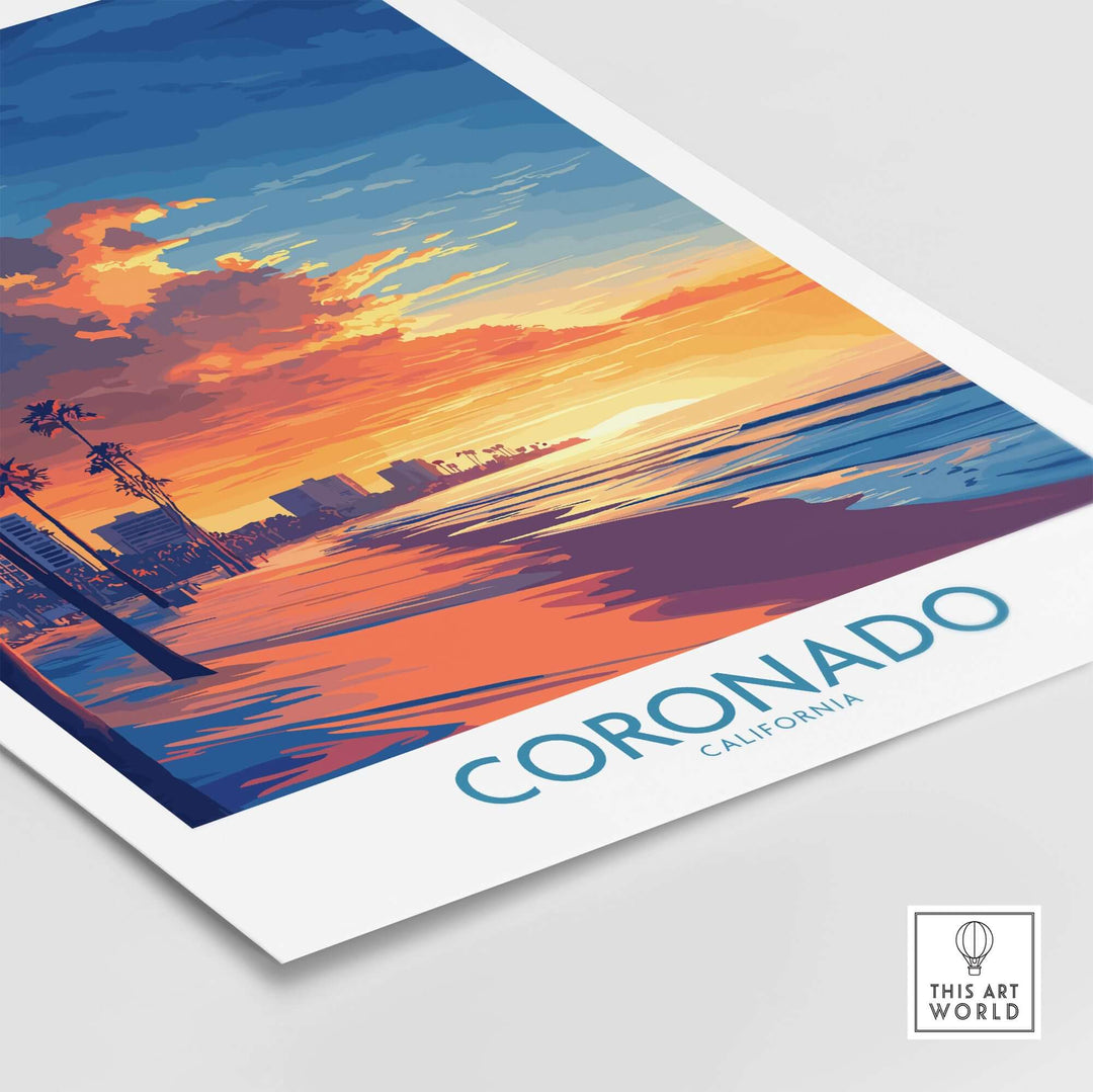 Coronado Wall Art Print featuring a vibrant sunset over Coronado Beach, California, showcasing tranquil ocean hues and palm trees.