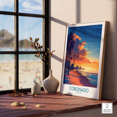 Coronado Wall Art Print featuring a vibrant sunset over Coronado Beach with palm trees and a peaceful atmosphere.