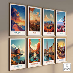 Coronado Wall Art Print featuring beautiful sunset scenes from various cities, including Coronado, Paris, and Florence.