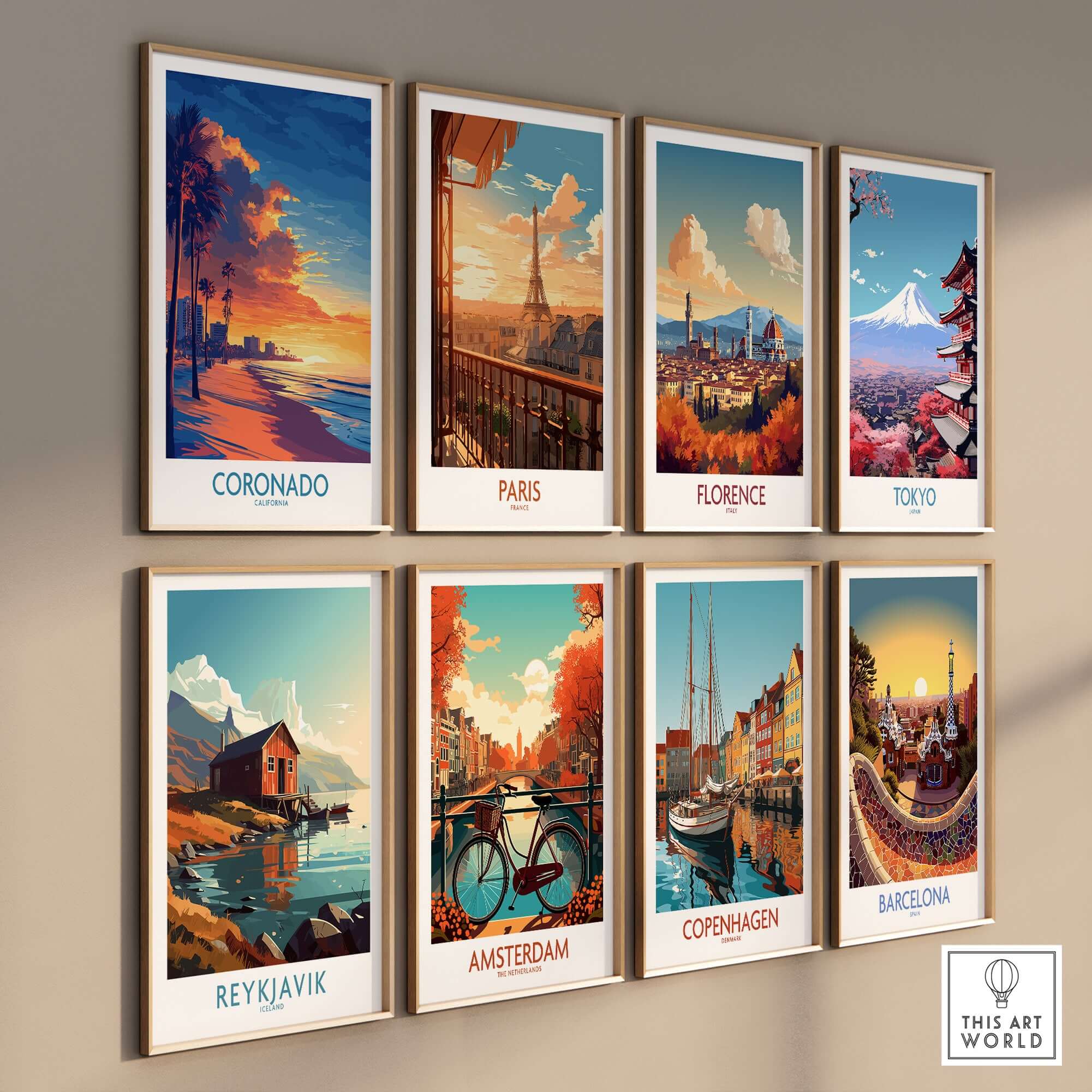 Coronado Wall Art Print featuring beautiful sunset scenes from various cities, including Coronado, Paris, and Florence.