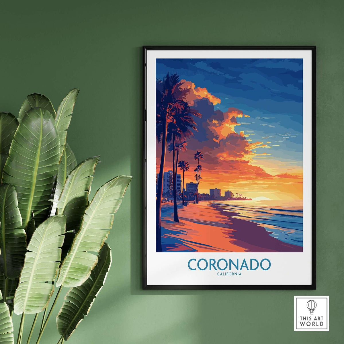 Coronado Wall Art Print featuring a vibrant sunset at Coronado Beach, California with palm trees.