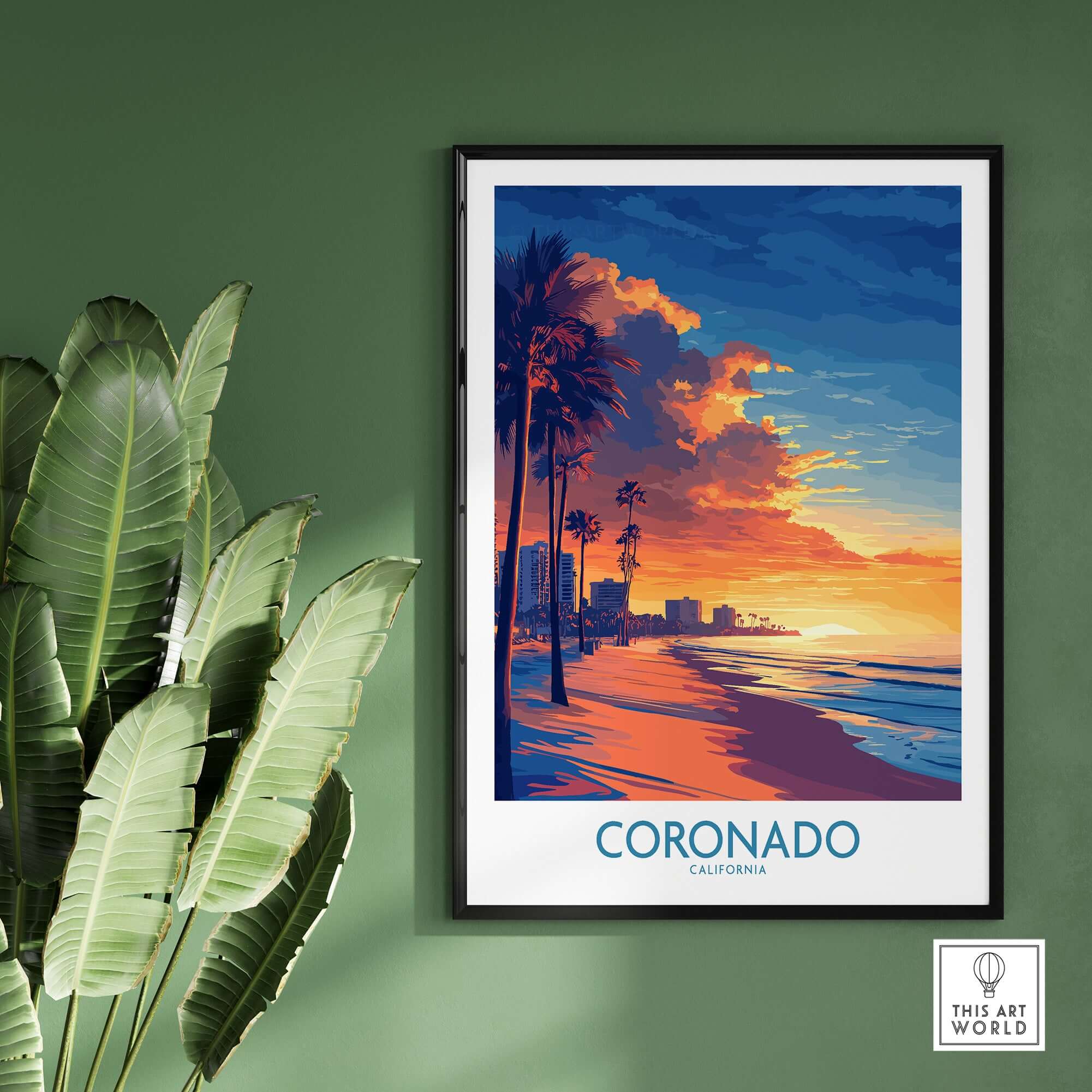 Coronado Wall Art Print featuring a vibrant sunset at Coronado Beach, California with palm trees.