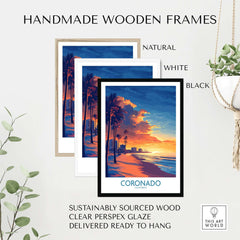 Coronado Wall Art Print featuring handmade wooden frames in natural, white, and black, ready to hang.