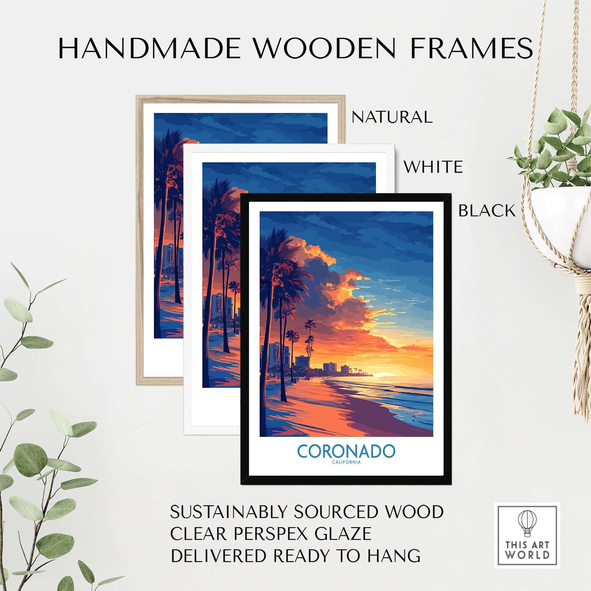 Coronado Wall Art Print featuring handmade wooden frames in natural, white, and black, ready to hang.