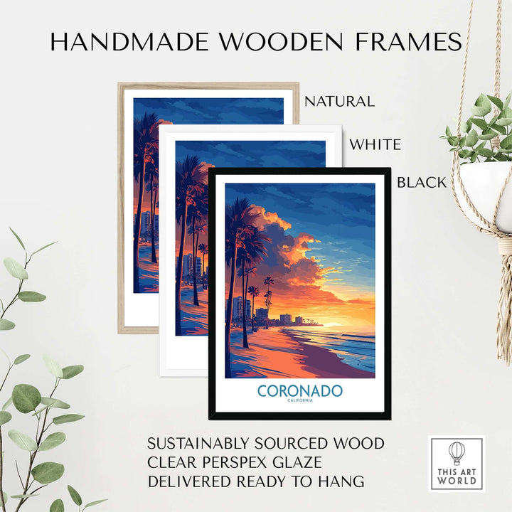 Handmade wooden frames in natural, white, and black showcasing Coronado wall art print with palms and sunset.