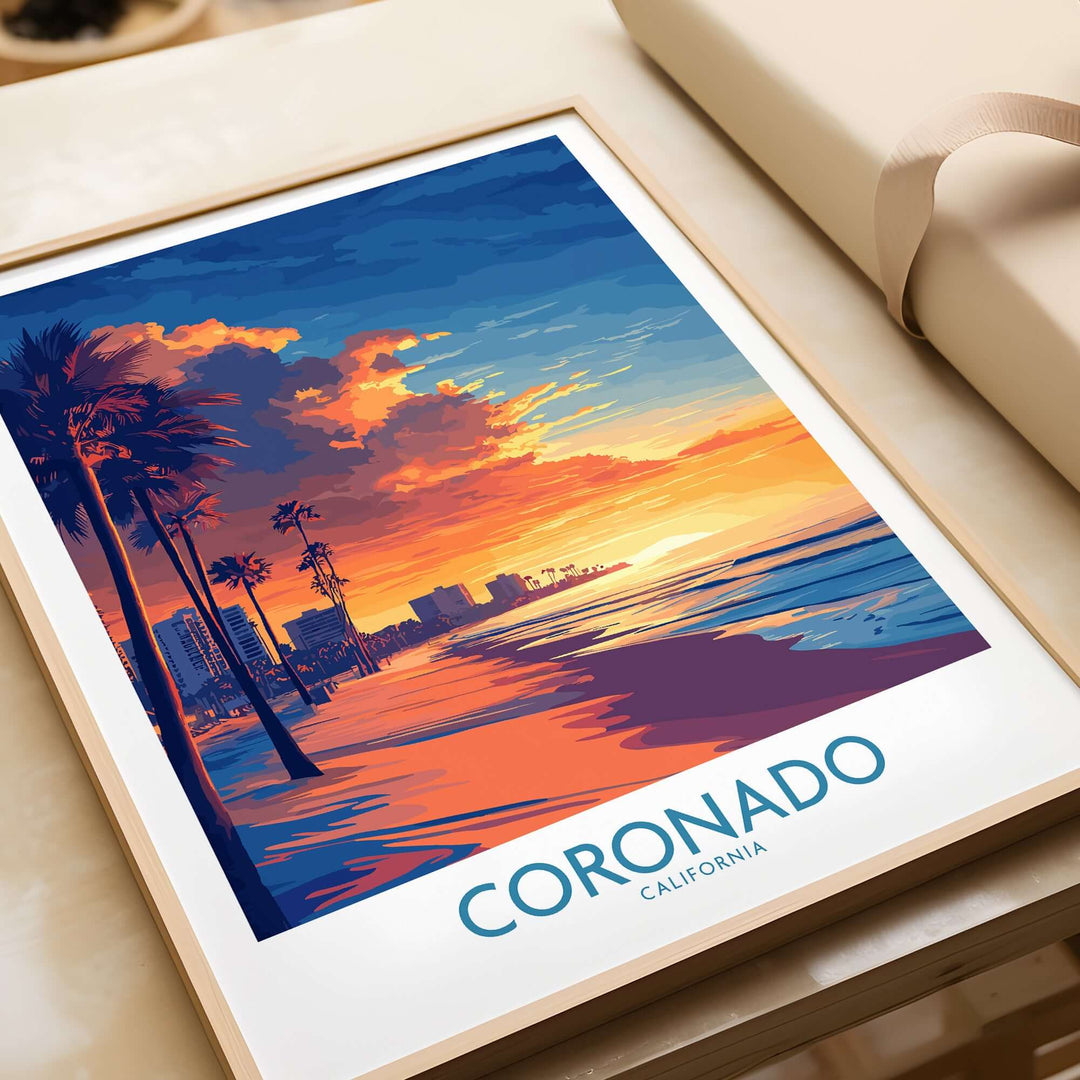 Coronado Wall Art Print featuring a vibrant sunset over the beach, framed and displayed on a neutral surface.