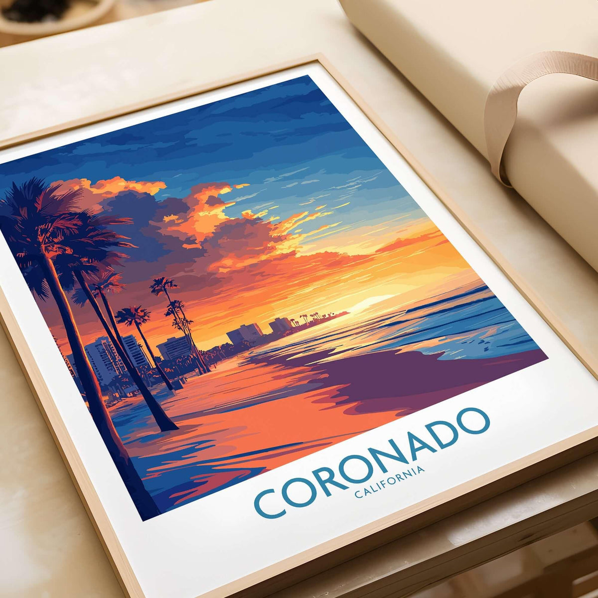 Coronado Wall Art Print showcasing a sunset over Coronado Beach in California, featuring vibrant colors and palm trees.