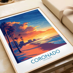 Coronado Wall Art Print showcasing a sunset over Coronado Beach in California, featuring vibrant colors and palm trees.