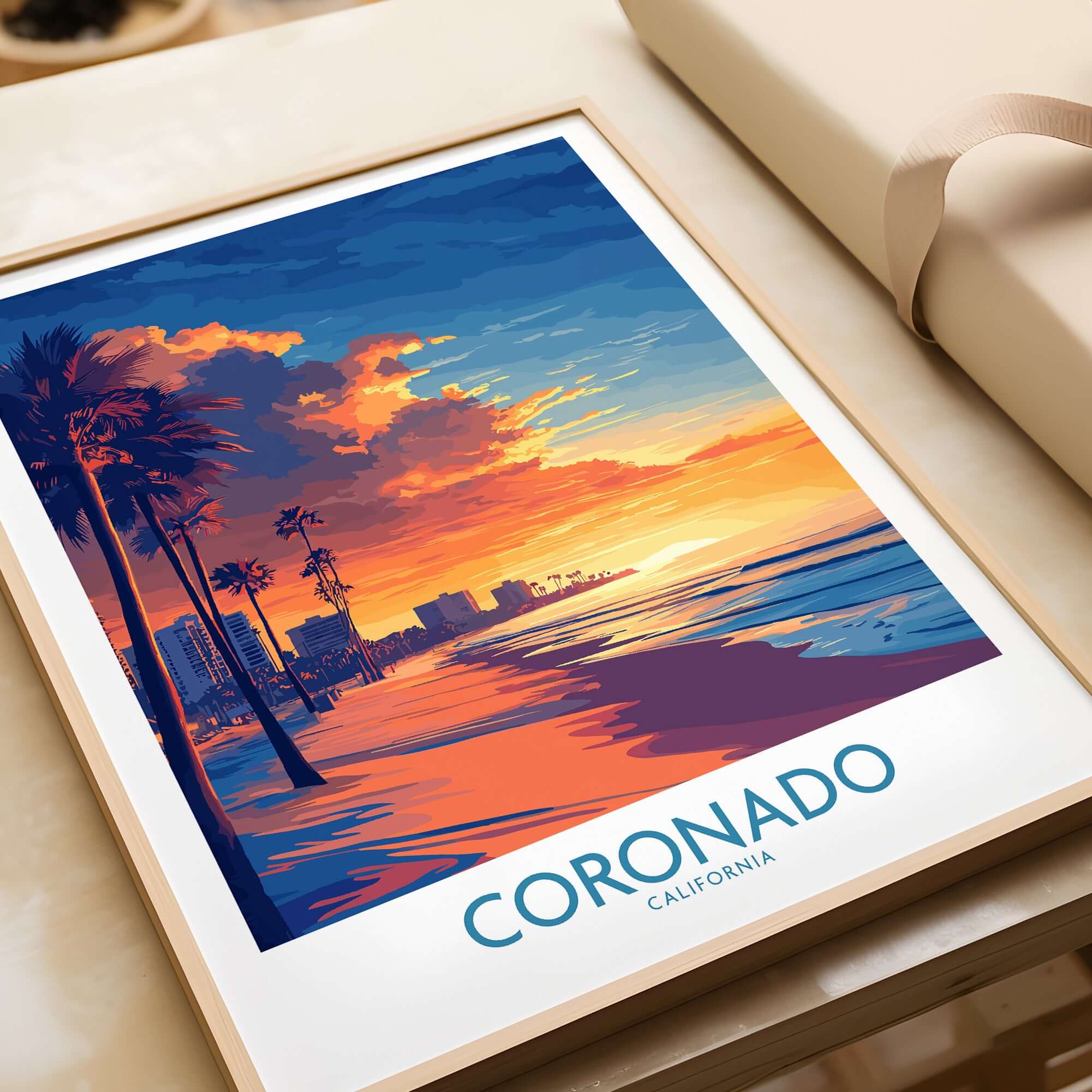 Coronado Wall Art Print showcasing a sunset over Coronado Beach in California, featuring vibrant colors and palm trees.